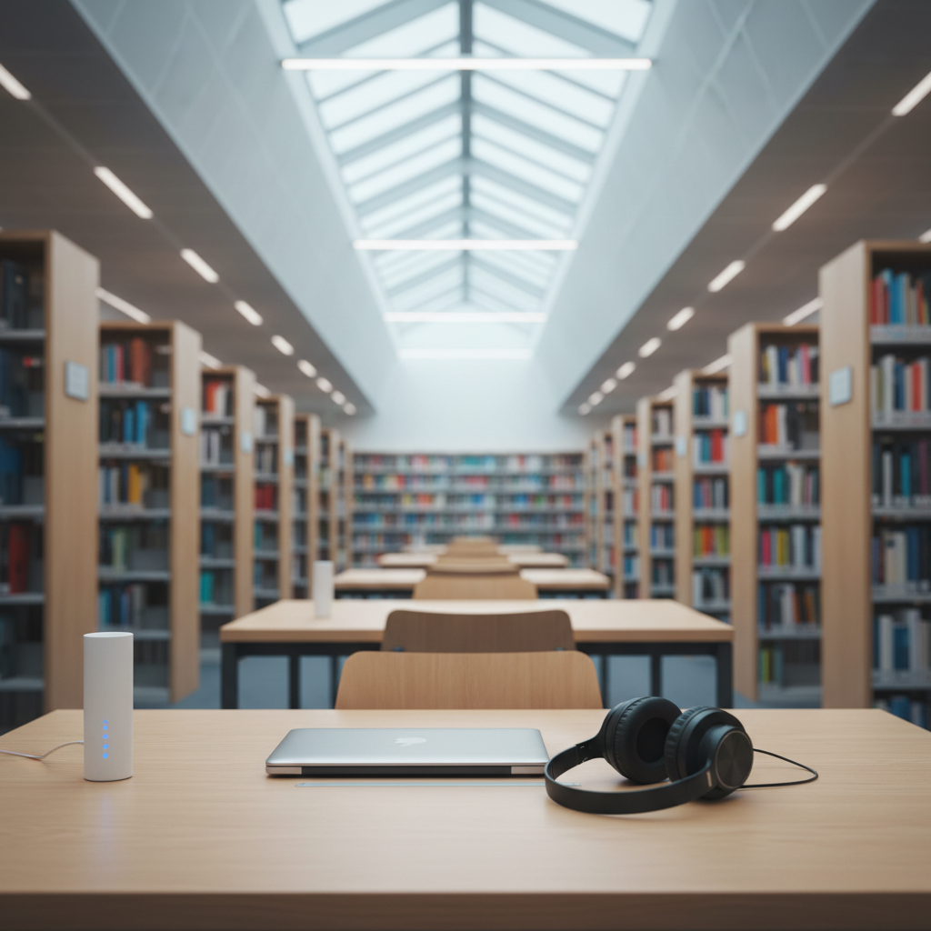 An elegant reading table in a contemporary library, topped with light beech wood and neatly arranged with a closed ultrathin laptop, over-ear headphones, and a slim Wi-Fi router showing discreet signal lights. Tall shelves of books recede into a softly blurred background, organized by color for a refined aesthetic. Overhead, diffuse skylights bathe the space in cool, even daylight, eliminating harsh shadows and emphasizing quiet clarity. Photographic realism at a slightly elevated angle, sharp focus on the table and devices, with rows of shelves creating leading lines. The mood is hushed, intellectual, and organized, ideal for silent work and undisturbed concentration in a sophisticated environment.