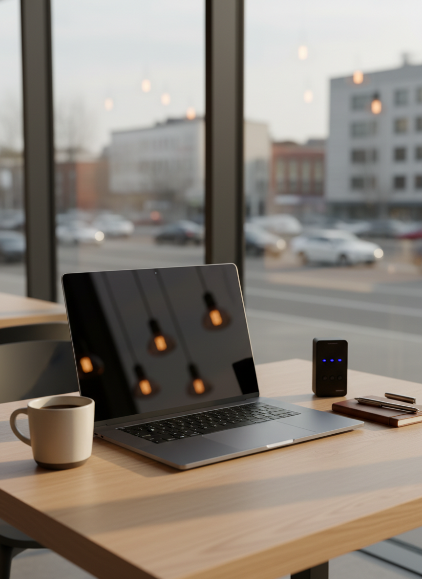 A sleek, modern laptop with a matte aluminum finish sits open on a pale oak table in a quiet city café, its dark screen reflecting a grid of soft pendant lights above. Around it are a minimalist ceramic mug, a small notebook, and a discreet noise-measuring device with glowing indicators, subtly suggesting sound awareness. Through a large window, the blurred city remains distant and silent. Late-afternoon natural light mixes with warm indoor lighting, casting gentle, elongated shadows. Photographic realism, eye-level composition using the rule of thirds, with a shallow depth of field that keeps the laptop and tools crisp while the rest of the café fades into a serene, unobtrusive blur, conveying focused, sophisticated calm.