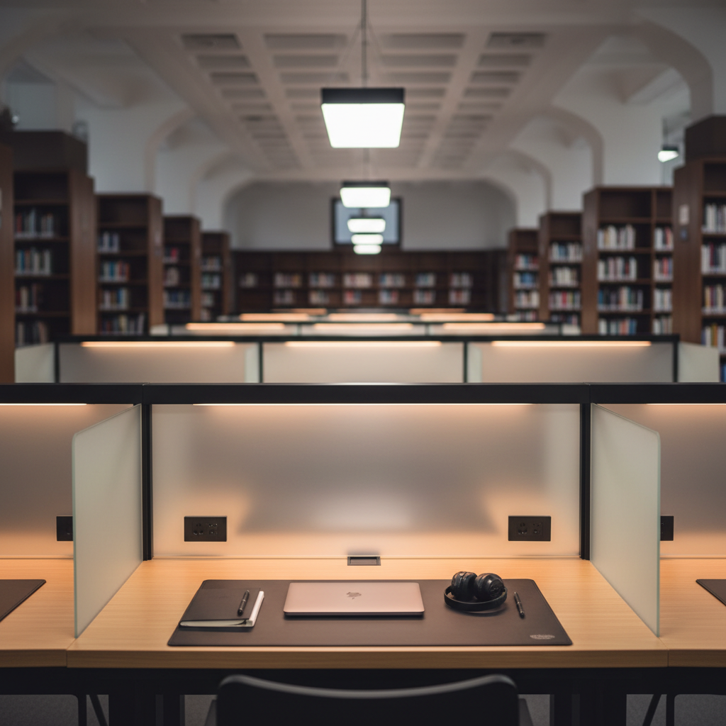 A long, minimalist study desk in a university-style silent reading room, with individual frosted-glass privacy screens, integrated power outlets, and tiny ambient light strips at each station. One station is highlighted in sharp focus, showing a closed laptop, an e-ink tablet, and a pair of noise-cancelling earbuds resting neatly on a dark leather pad. The rest of the room fades into a soft blur of repeating desks and high bookshelves. Overhead, adjustable LED panels cast cool, uniform lighting, eliminating eye strain while maintaining a subdued ambiance. Photographic realism, low depth of field, centered composition on the featured station. The atmosphere is intensely quiet, disciplined, and highly optimized for deep study and silent concentration.