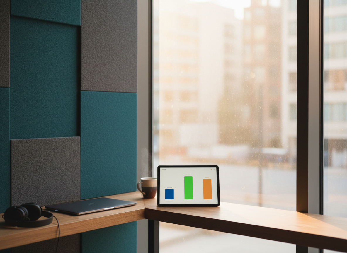 A narrow corner table beside a large café window, designed as a perfect "silent corner" retreat. A slim, dark laptop rests beside a tablet that displays abstract, color-coded bars symbolizing noise level, outlet availability, and occupancy, without any text. Thick acoustic wall panels with a soft felt texture line the adjacent wall, their muted gray and deep teal tones absorbing sound. Early morning light pours through the window, creating a gentle glow and soft reflections on the glass. Photographic realism, shot from a slightly elevated three-quarter angle, with the window edge framing the right side. The mood is cocoon-like, private, and contemplative, highlighting the ideal quiet spot hidden within a busy city.