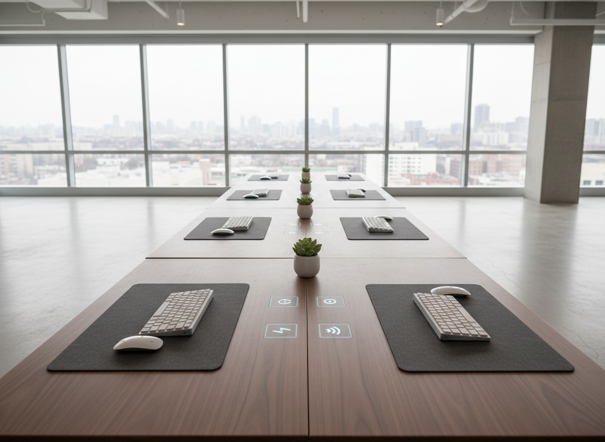 A shared coworking table made from smooth walnut wood stretches diagonally through the frame, divided into clearly separated work zones by slim felt desk pads and small potted plants. Each zone has a closed laptop, a minimalist keyboard, and a subtle icon-like indicator for power outlets and Wi-Fi quality integrated into the desk surface. Floor-to-ceiling windows reveal a distant skyline softened by overcast light, creating an evenly lit, reflection-free interior. Photographic realism, wide-angle lens at eye level, with sharp focus across the whole scene. The atmosphere is quietly productive and spacious, with no clutter or crowding, emphasizing ample room for deep, silent work in a modern, tech-forward setting.